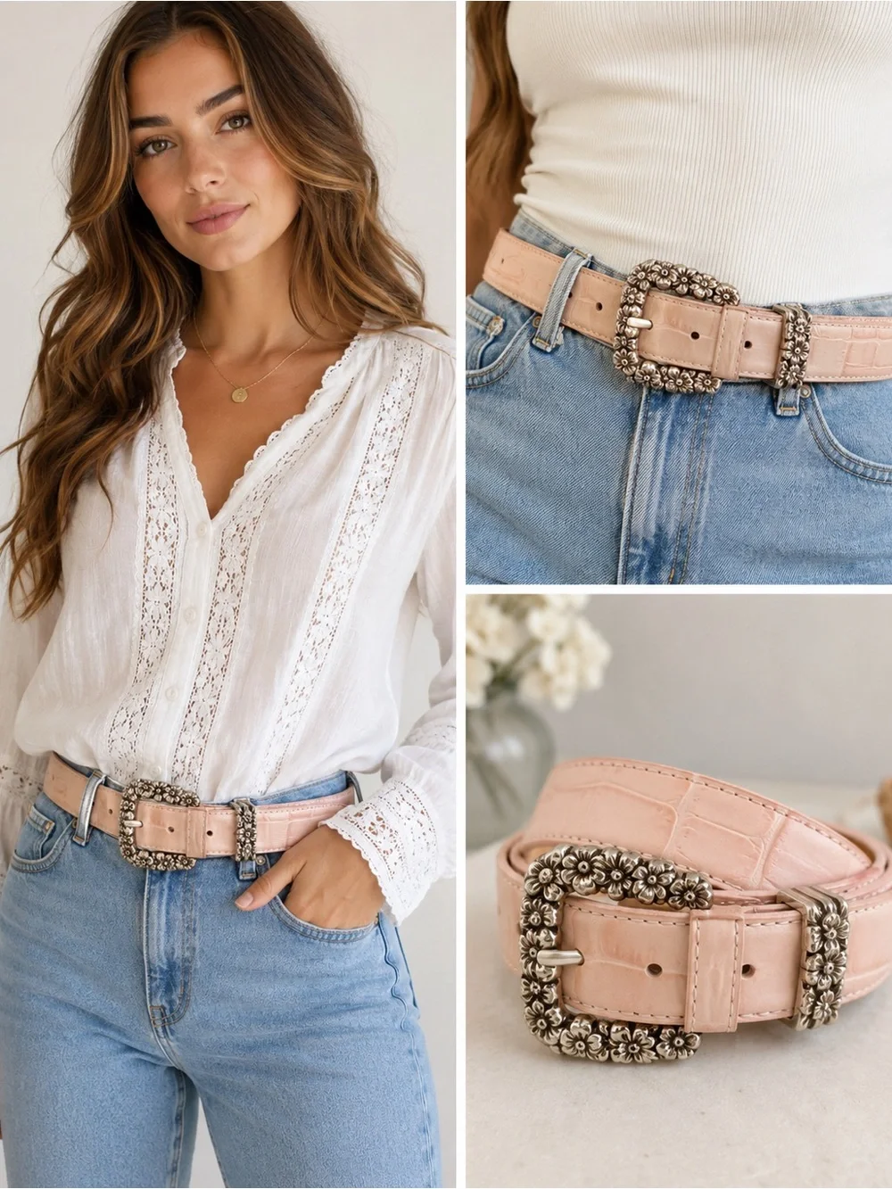 Brighton Floral Buckle Belt Women XL 36 Blush Pink Leather Western Statement H63